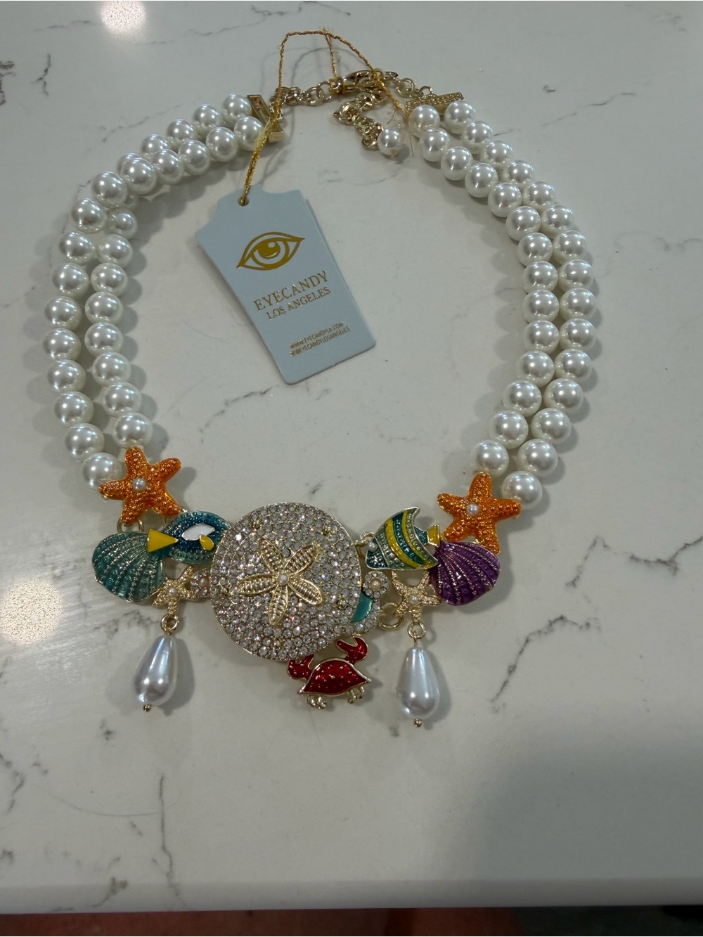 eye candy White Pearl Beach Charm Statement Necklace